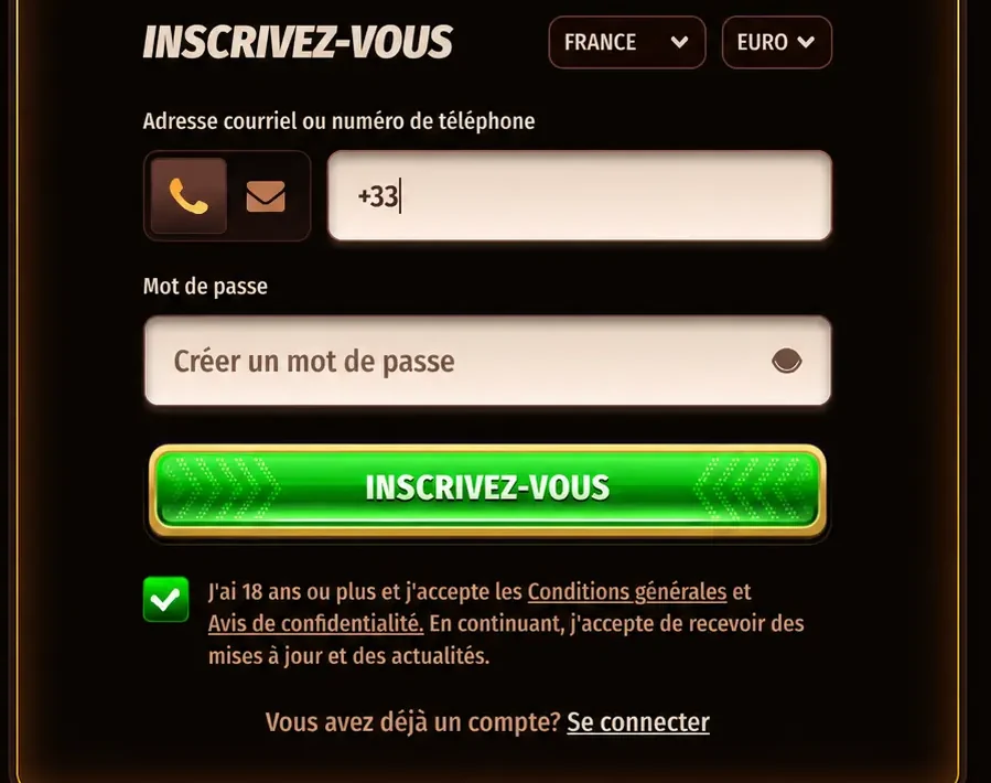 Formulaire d'inscription sur Westace pour la France en euros